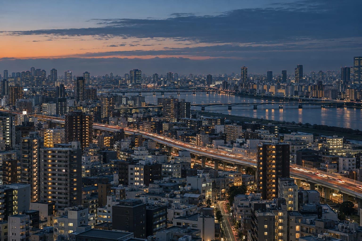 日暮れの東京を高層階から見下ろした街並み。高架道路が奥へ弧を描き、その先に橋の架かる川と、灯りの灯りはじめたビル群が広がる