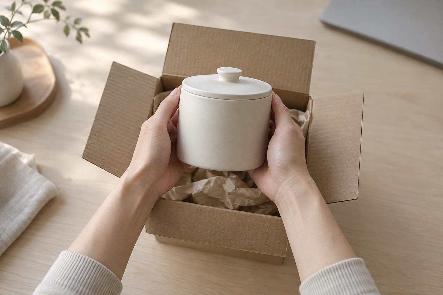 段ボール箱から陶器の容器を両手で取り出す手元